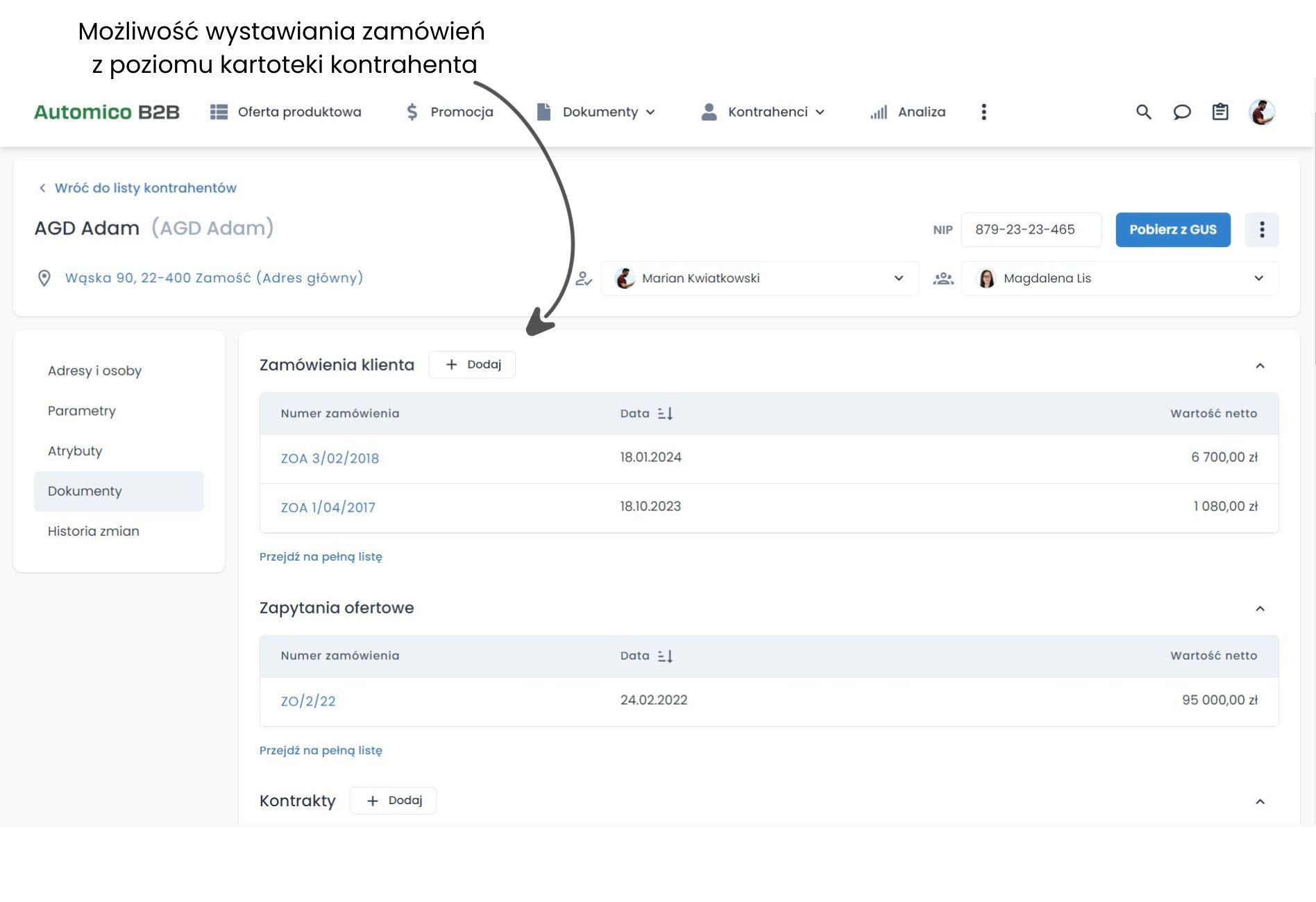 Zamówienia handlowców - lista zamówień danego klienta.