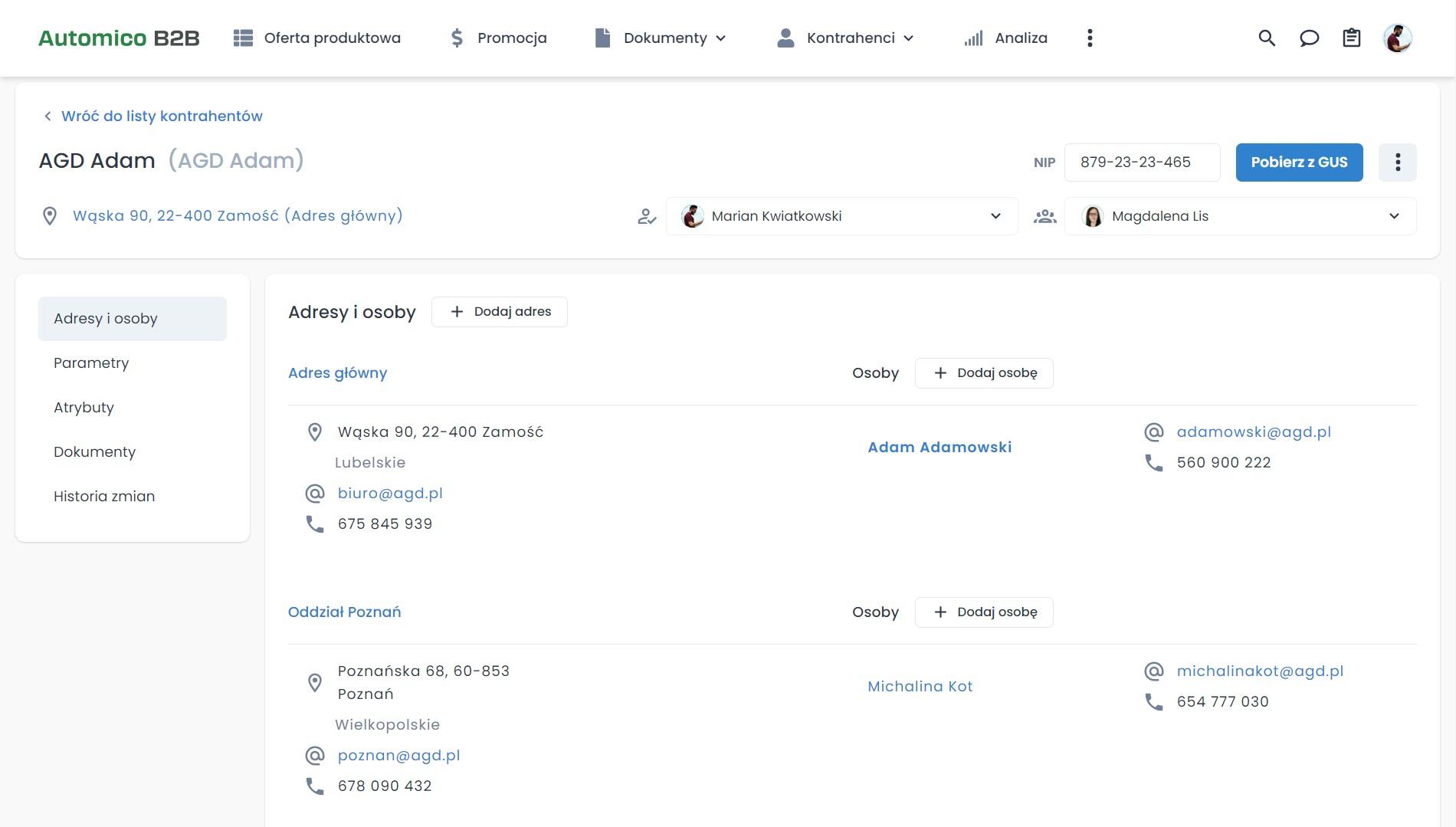 Przejrzysta kartoteka kontrahentów w systemie B2B.