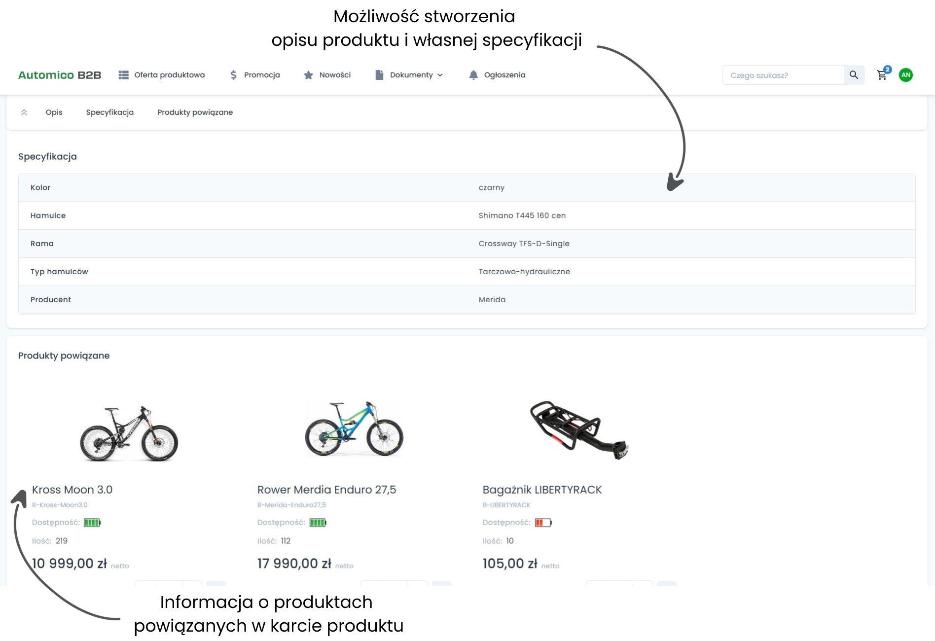 Opisy i specyfikacja oferty produktowej.