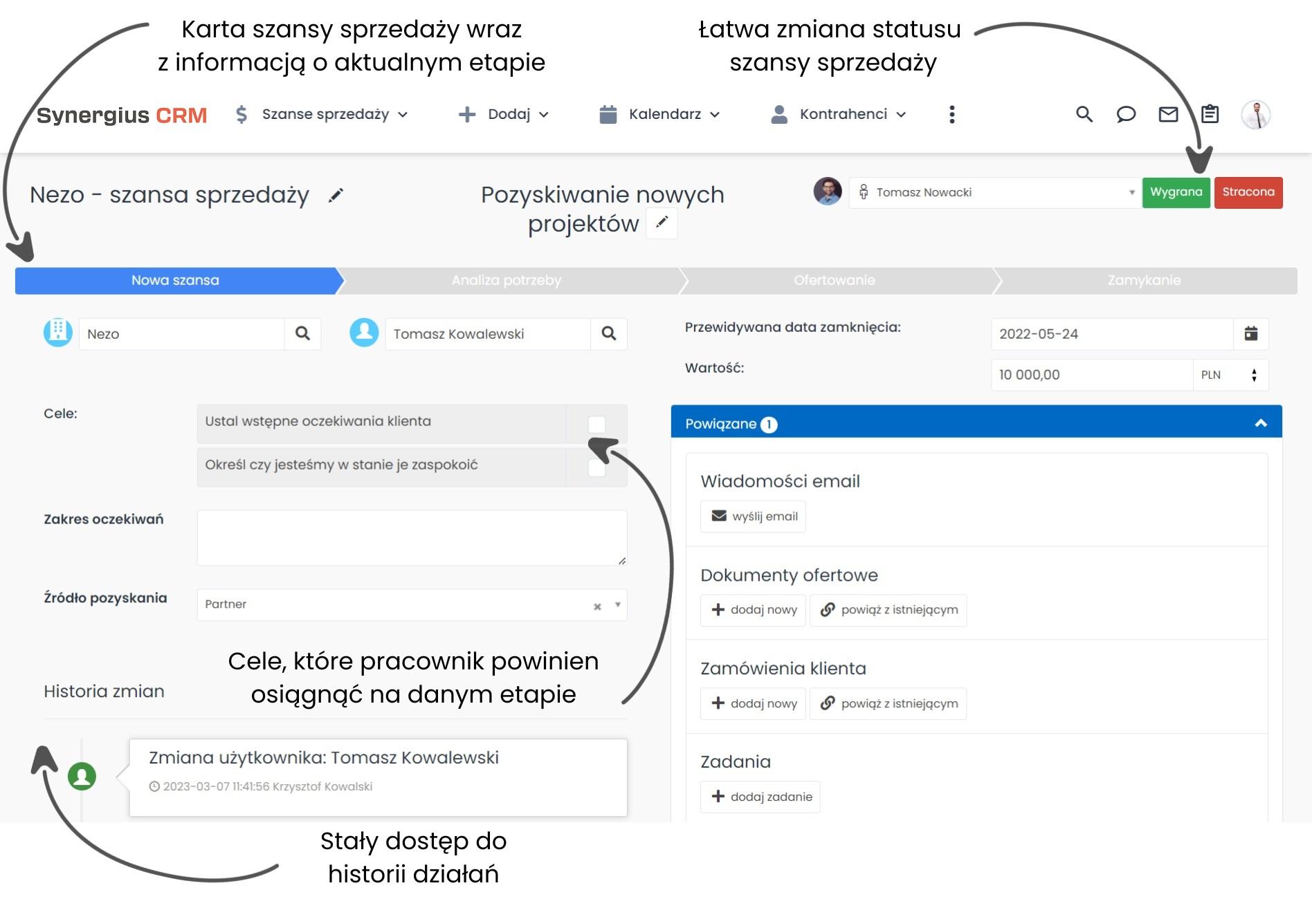 Karta szansy sprzedaży w CRM połączonym z platformą B2B.