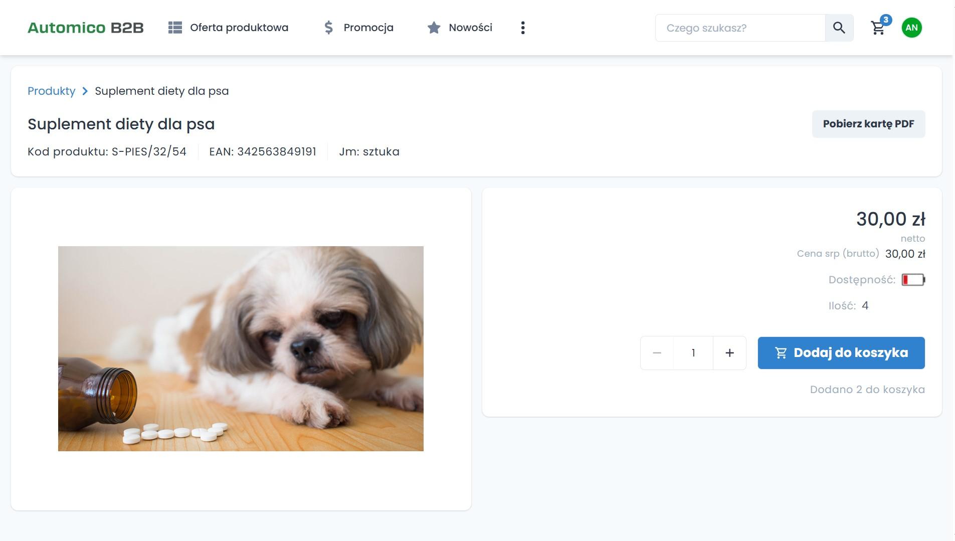 Platforma B2B dla branży weterynaryjnej - karta produktu w Automico B2B.