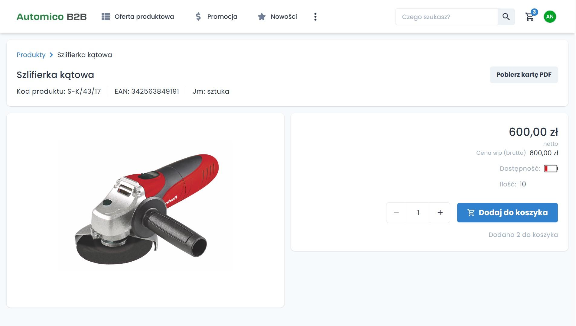 Platforma B2B dla branży elektronarzędzi - galeria produktów w Automico B2B.