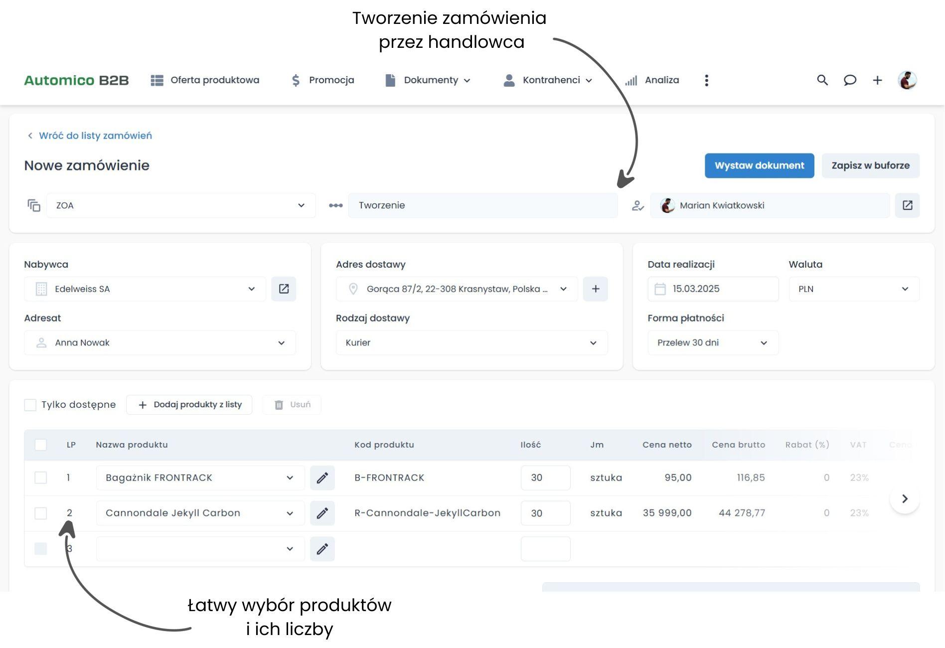 Tworzenie zamówień handlowców w platformie B2B.