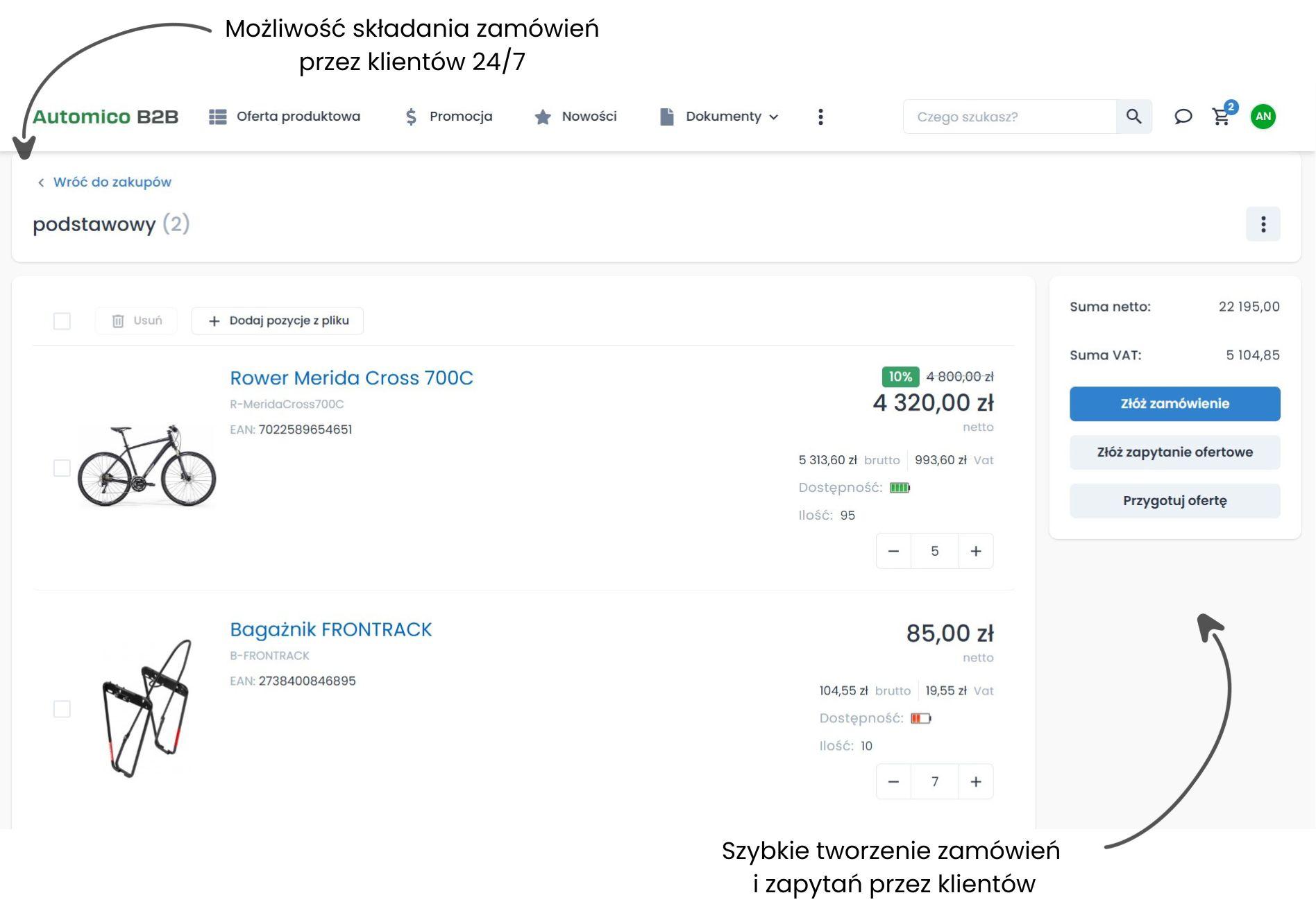 Zamówienia hurtowe online dzięki koszykowi klienta.
