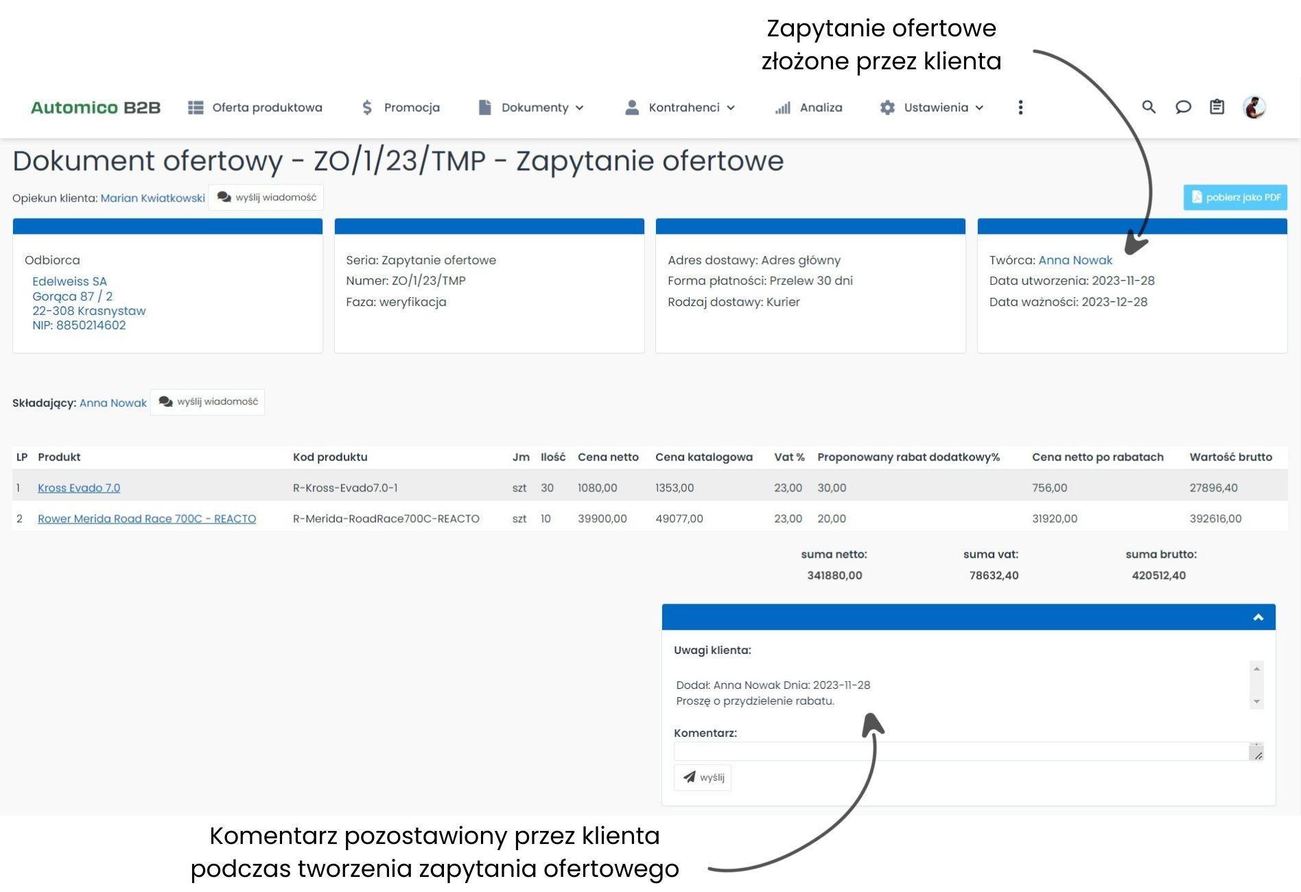 Obsługa zapytań ofertowych w platformie B2B.
