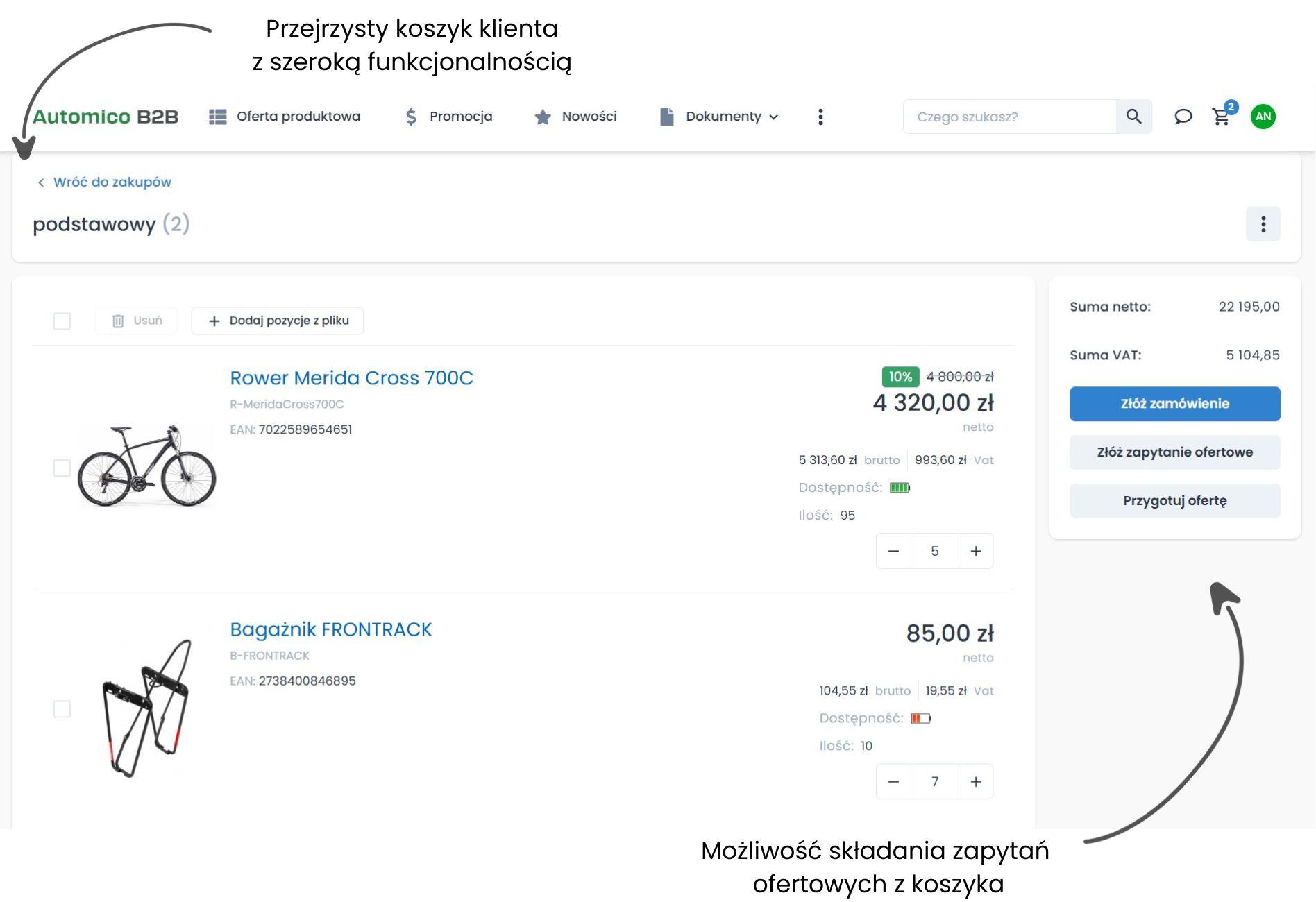 Szybkie zapytania ofertowe i negocjacje z poziomu koszyka.