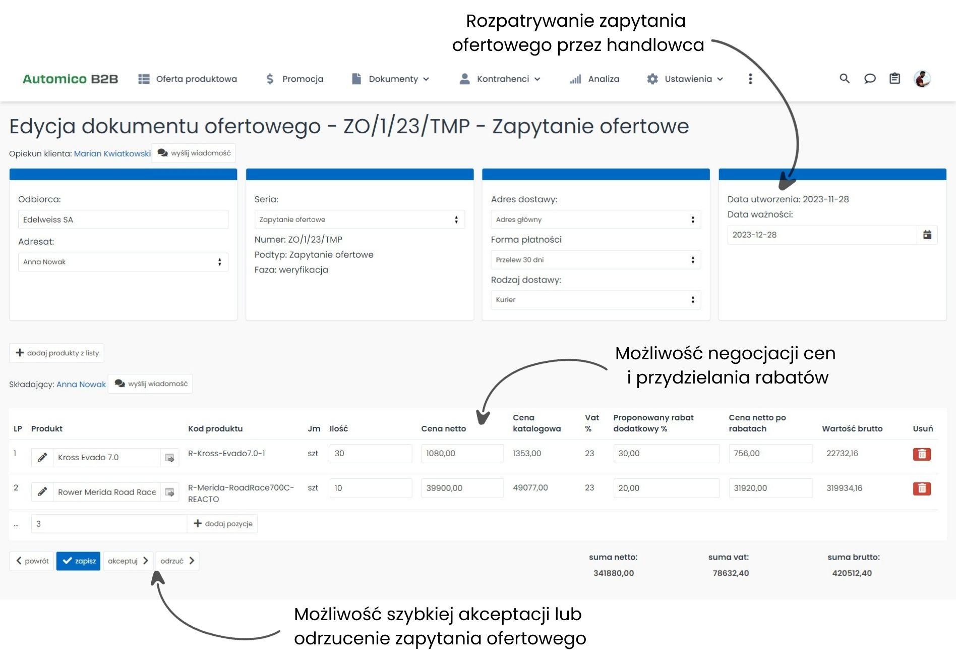 Automatyzacja sprzedaży w zakresie obsługi zapytań ofertowych.