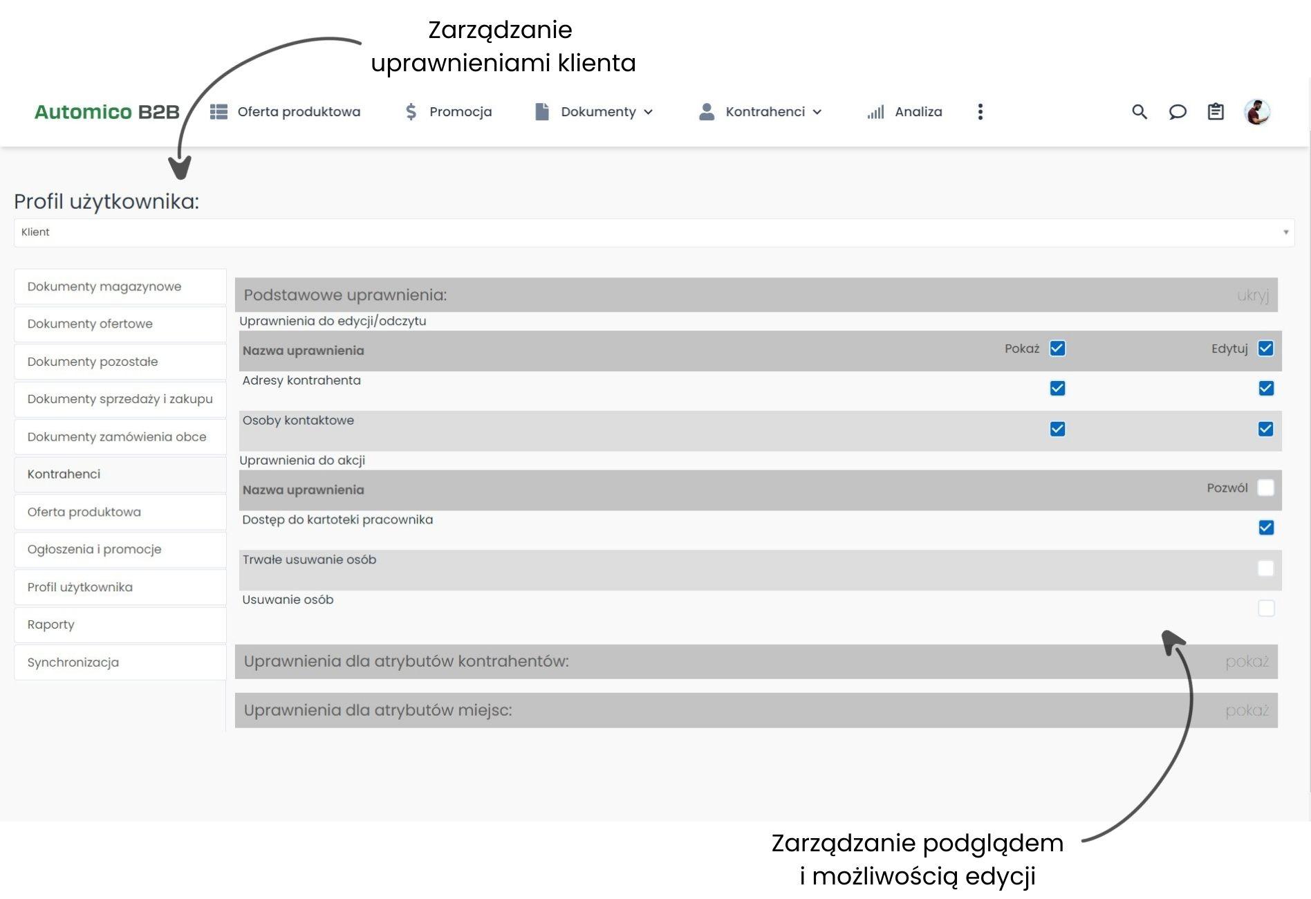 Zarządzanie uprawnianiami klientów w platformie B2B.