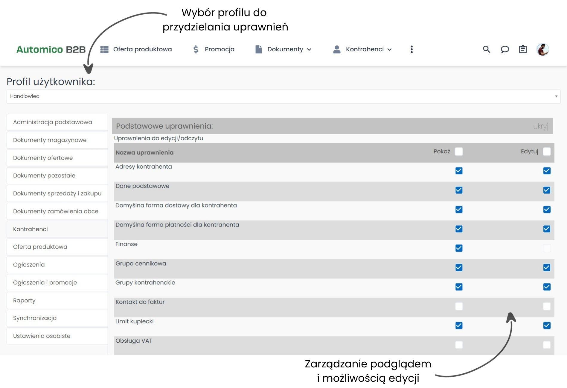 Edycja uprawnień w elastycznej platformie B2B.